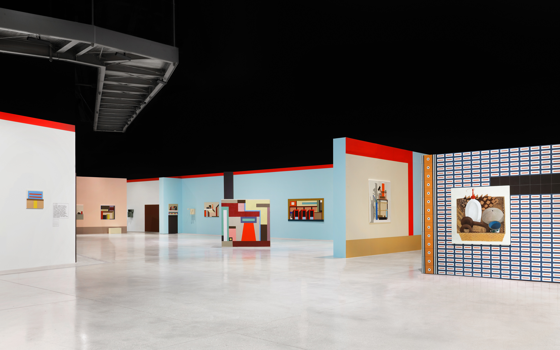 Nathalie Du Pasquier, Campo di Marte. Exhibition view. Mattonelle Margherita, olio su tela, colore a olio su legno, legno dipinto. SOLO/MULTI, Museo per l’Immaginazione Preventiva, MACRO 2021. Courtesy l’artista.