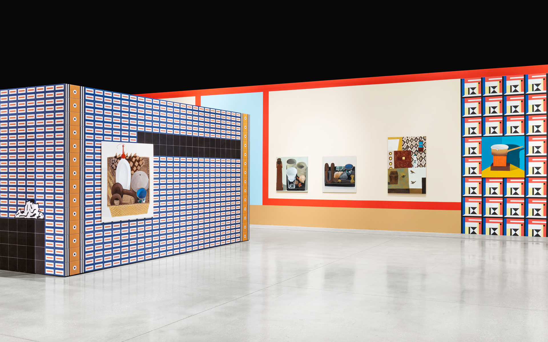 Nathalie Du Pasquier, Campo di Marte. Exhibition view. Mattonelle Margherita, olio su tela, olio su carta intelaiata, olio su mdf, stampa digitale su carta. SOLO/MULTI, Museo per l’Immaginazione Preventiva, MACRO 2021. Courtesy l’artista.